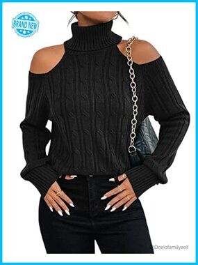 Womens Cold Shoulder Cable Knit Turtleneck Sweater Pullover